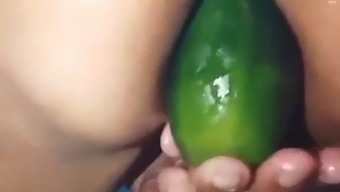 Stepmother'S Open Ass On Display As She Enjoys A Large Cucumber